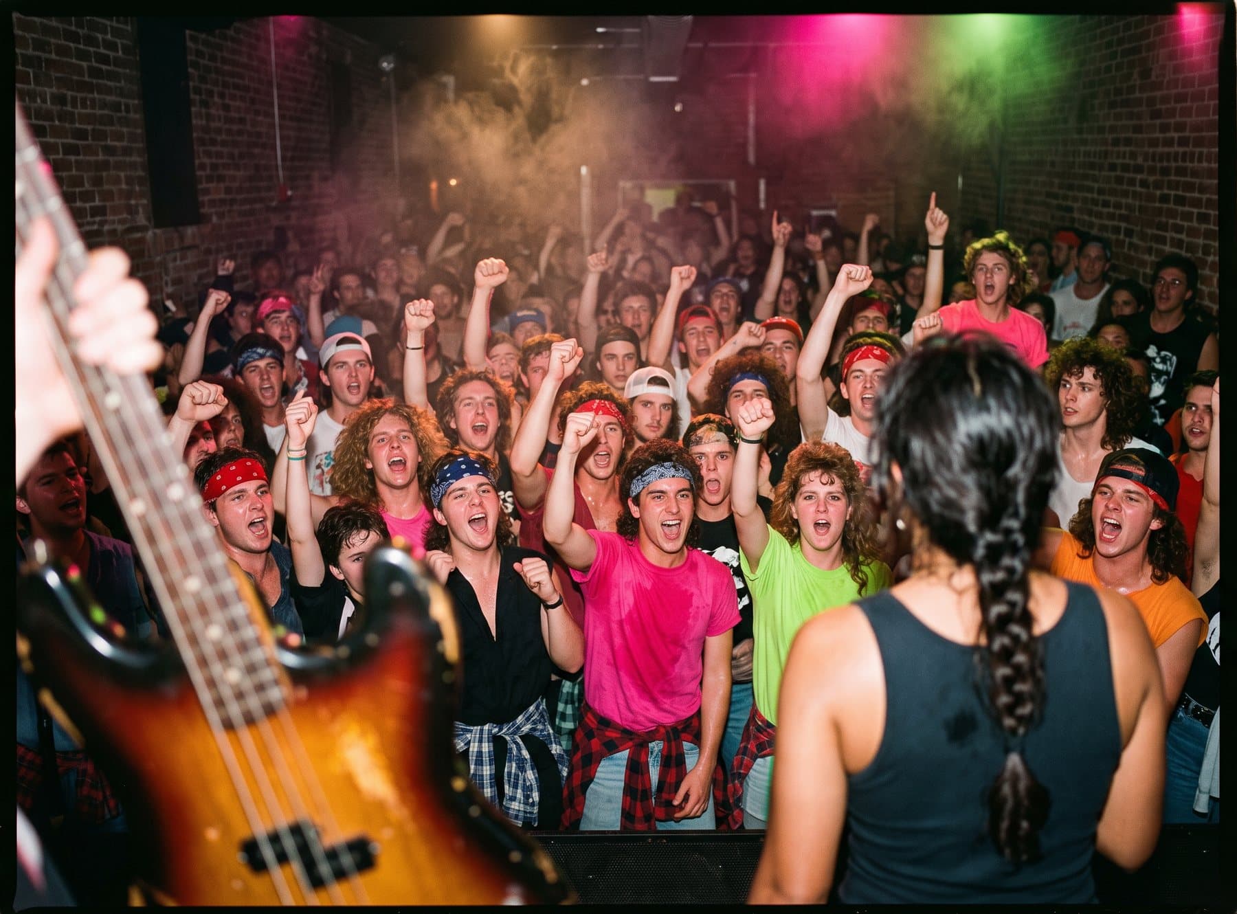 A sweating club crowd with fists raised, shouting along at the end of a show