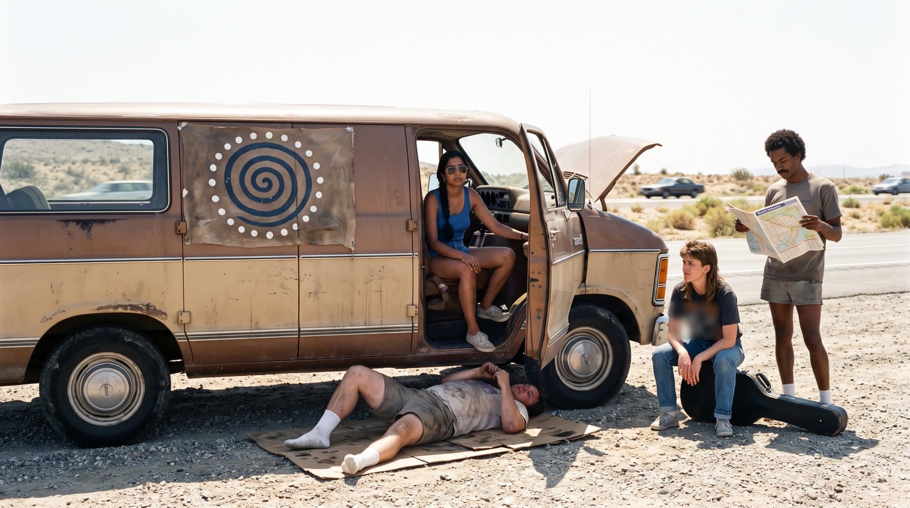 A tired full-size tour van on the shoulder of a desert interstate with the hood up, July 1990