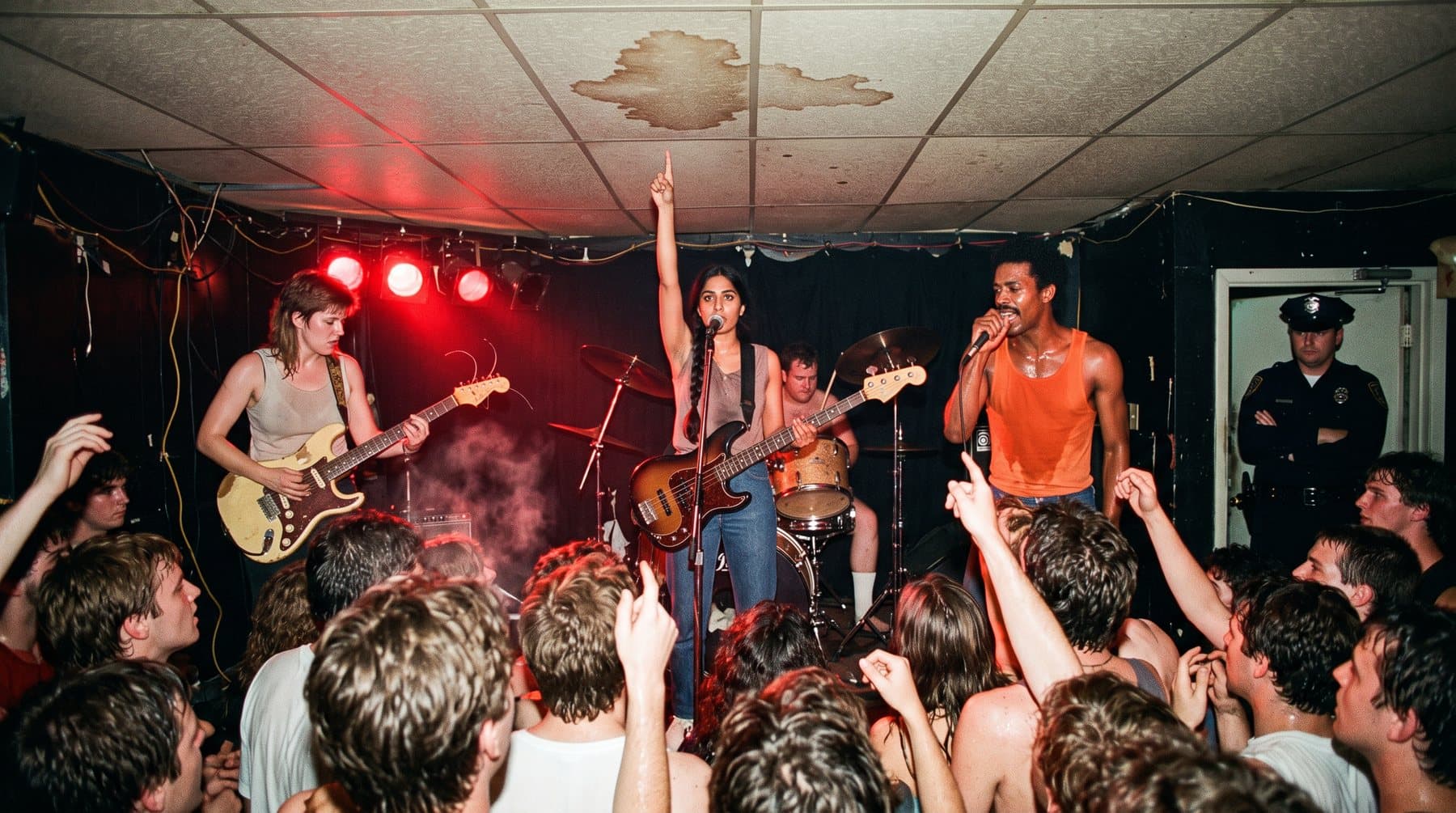 A crowded low-ceilinged club room in Denton, Texas, with a water-stained ceiling above the band