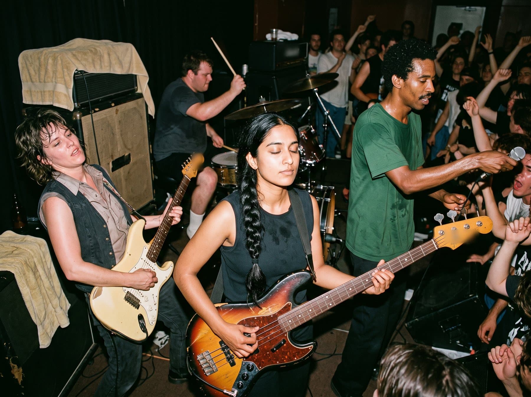 A funk-punk band mid-song on a small Austin club stage in 1993, the bassist in the center