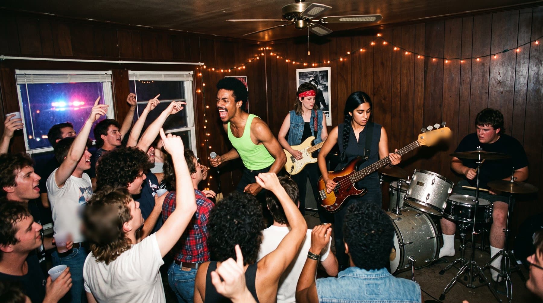 A packed house party in a small Austin living room with a band playing against the wall, 1984