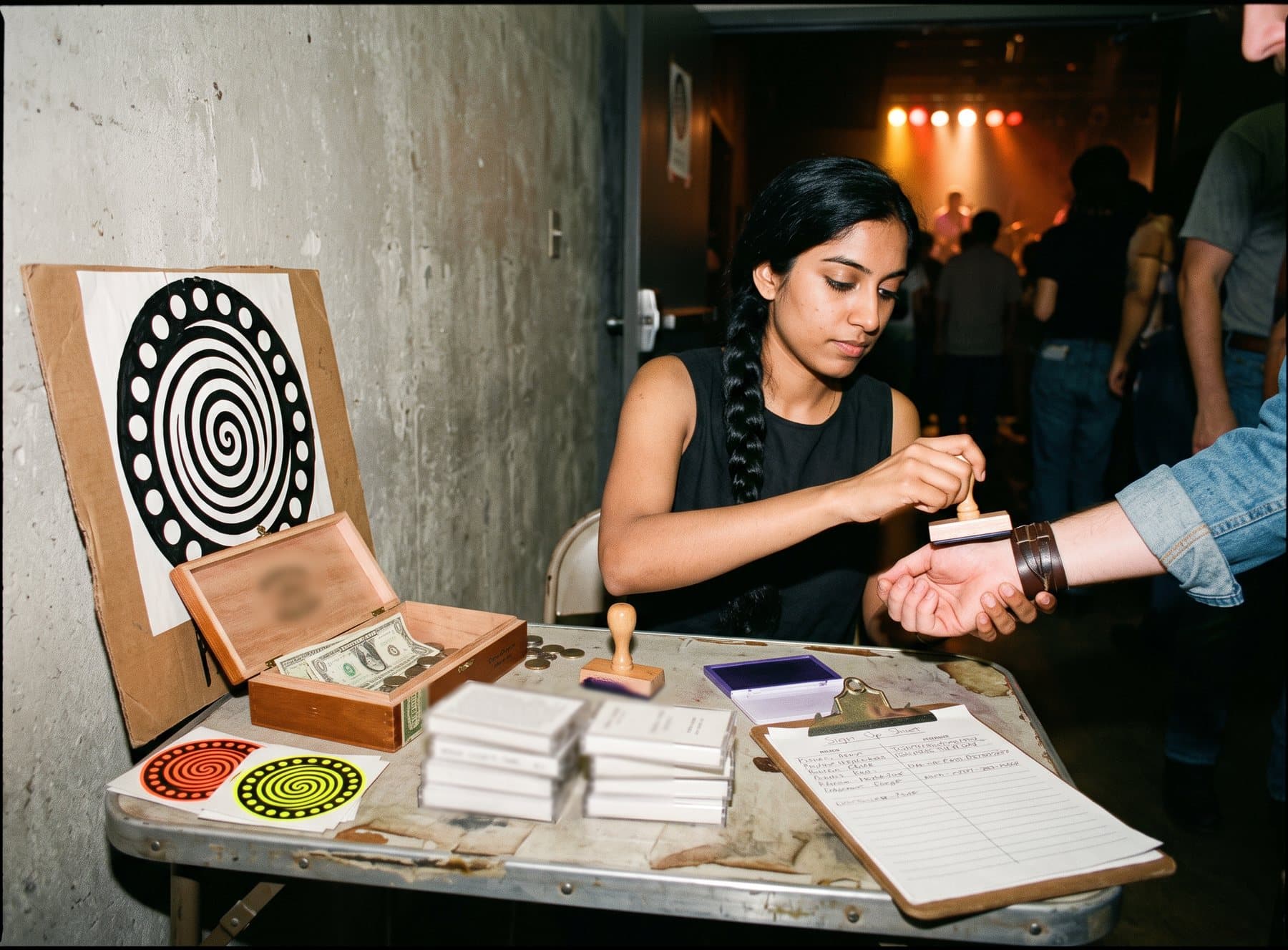 A folding merch table by a club door with spiral-flag stickers, cassettes and a rubber stamp, the bassist stamping a fan's wrist