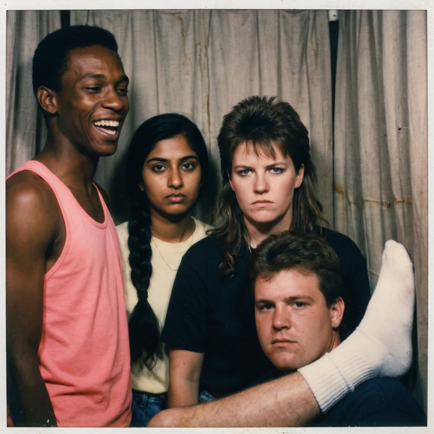 The four members of the band crammed into a shopping-mall photo booth, one laughing, one deadpan, one stern, a tube-socked foot in the frame