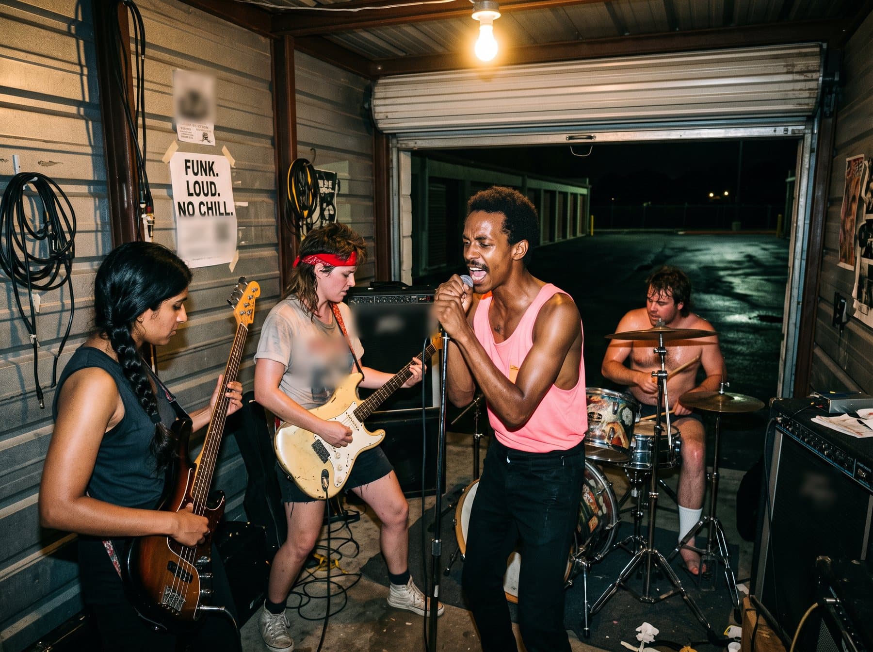 Four young musicians rehearsing inside a cramped roll-up storage unit at night, Austin, 1984